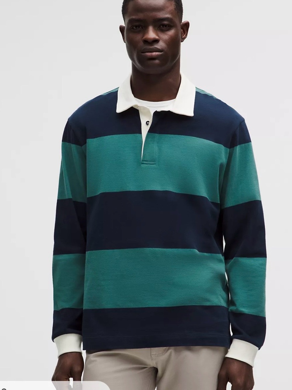 lululemon athletica Long-Sleeved Striped Rugby Polo in Teal, Navy & White Collar